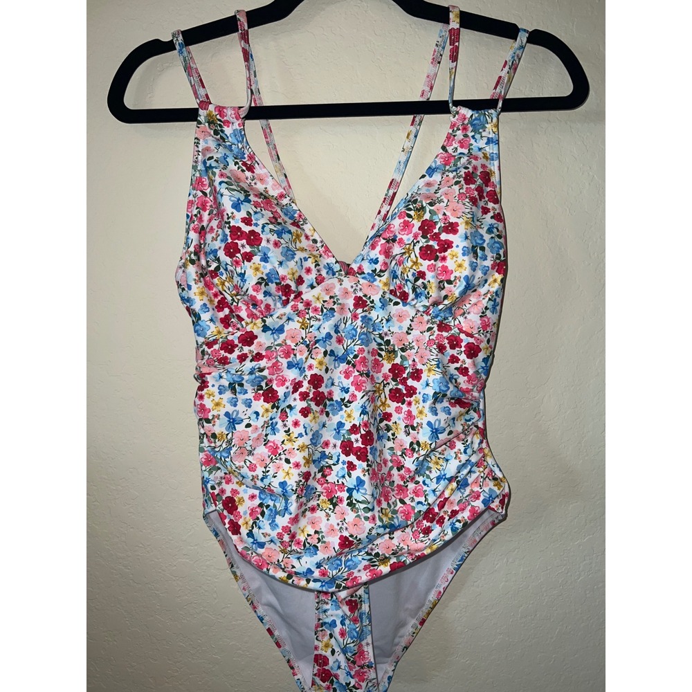 AIMAGE Womens Floral One Piece Swimsuit Ruched V-Neck Cutout Back Multicolor S